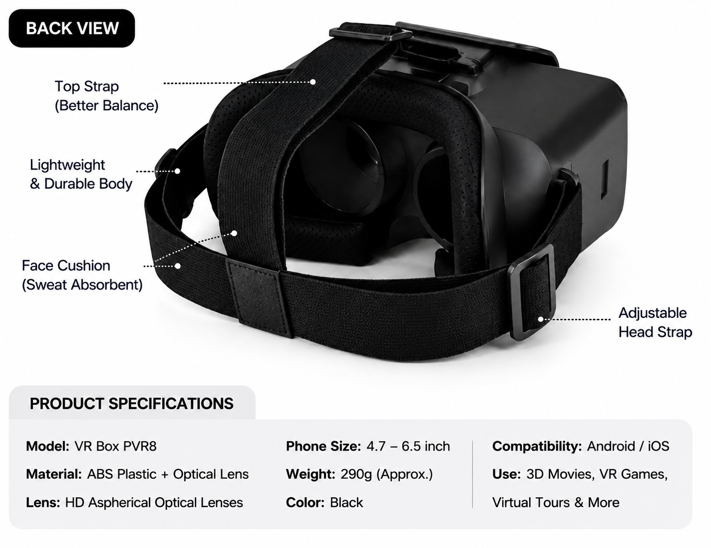 VR BOX PVR8 3D Virtual Reality Headset for Smartphones (4.7–6.5 inch) | HD Optical Lenses | Wide Angle View