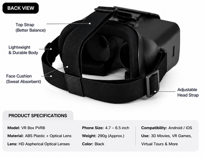 VR BOX PVR8 3D Virtual Reality Headset for Smartphones (4.7–6.5 inch) | HD Optical Lenses | Wide Angle View
